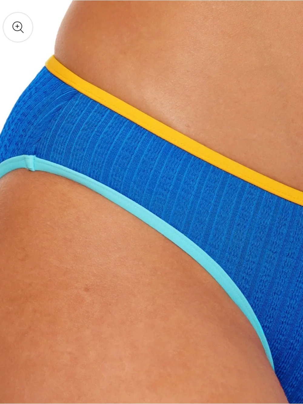 BECCA Hipster Blue Bikini Bottom with Yellow Waistband and Aqua Trim